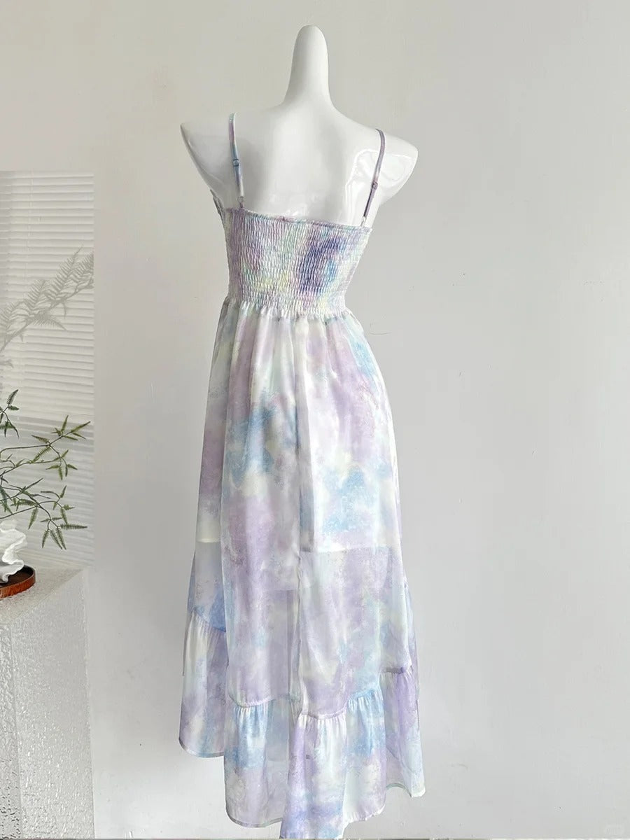 Sweet Purple And Blue Gradient A-Line Suspender Bow Chiffon Long Formal Prom Dresses