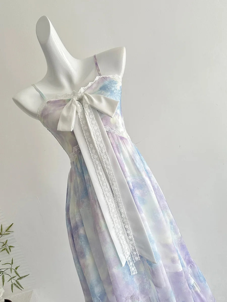 Sweet Purple And Blue Gradient A-Line Suspender Bow Chiffon Long Formal Prom Dresses
