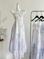 Sweet Purple And Blue Gradient A-Line Suspender Bow Chiffon Long Formal Prom Dresses