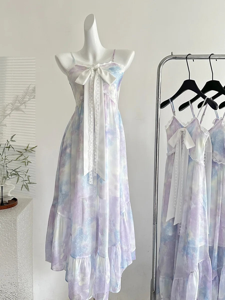 Sweet Purple And Blue Gradient A-Line Suspender Bow Chiffon Long Formal Prom Dresses