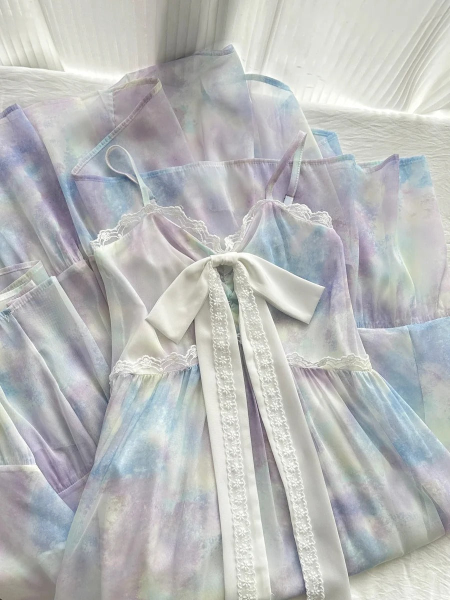 Sweet Purple And Blue Gradient A-Line Suspender Bow Chiffon Long Formal Prom Dresses