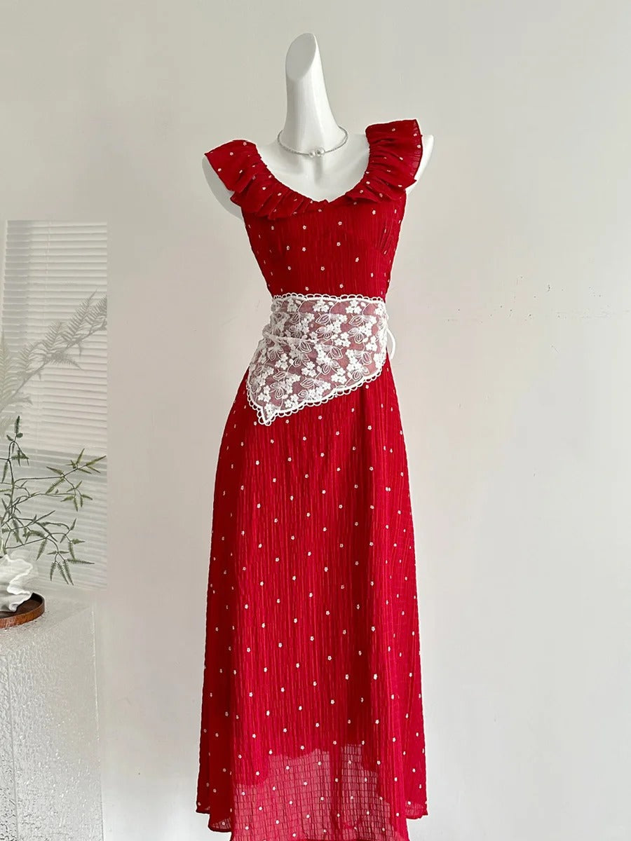 Sweet Red And White Polka Dot A-Line Ruffle Waist Long Formal Prom Dresses 17Th Birthday Dresses
