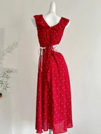 Sweet Red And White Polka Dot A-Line Ruffle Waist Long Formal Prom Dresses 17Th Birthday Dresses