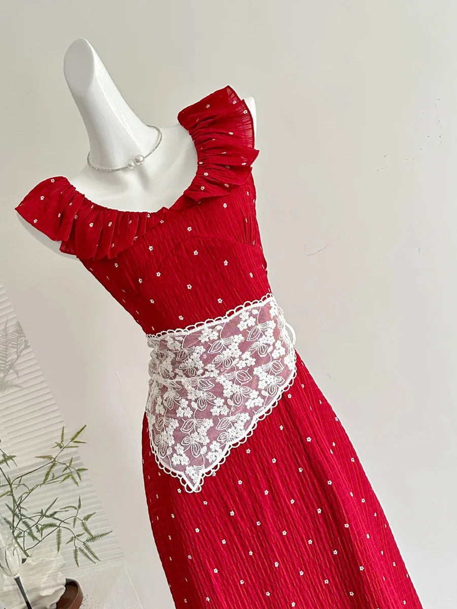 Sweet Red And White Polka Dot A-Line Ruffle Waist Long Formal Prom Dresses 17Th Birthday Dresses