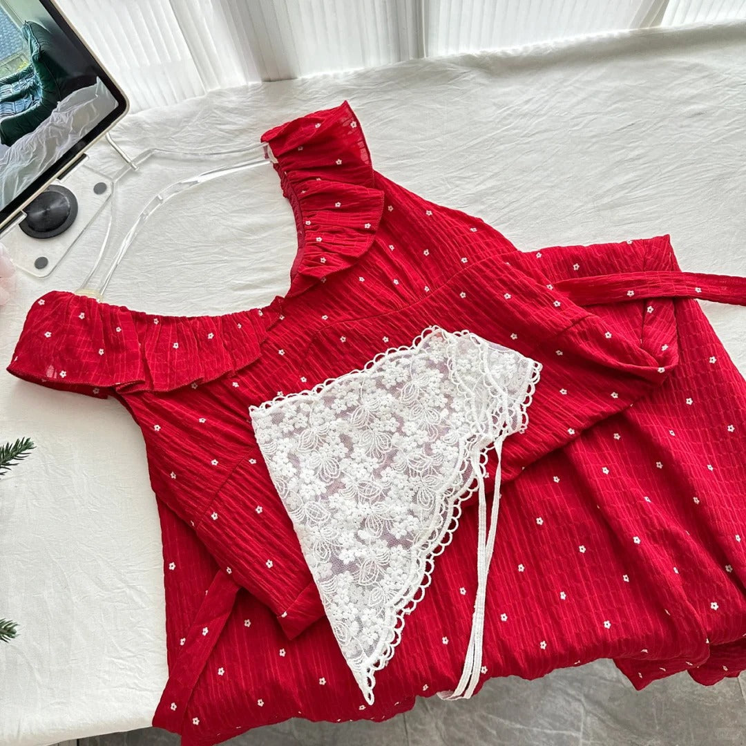 Sweet Red And White Polka Dot A-Line Ruffle Waist Long Formal Prom Dresses 17Th Birthday Dresses
