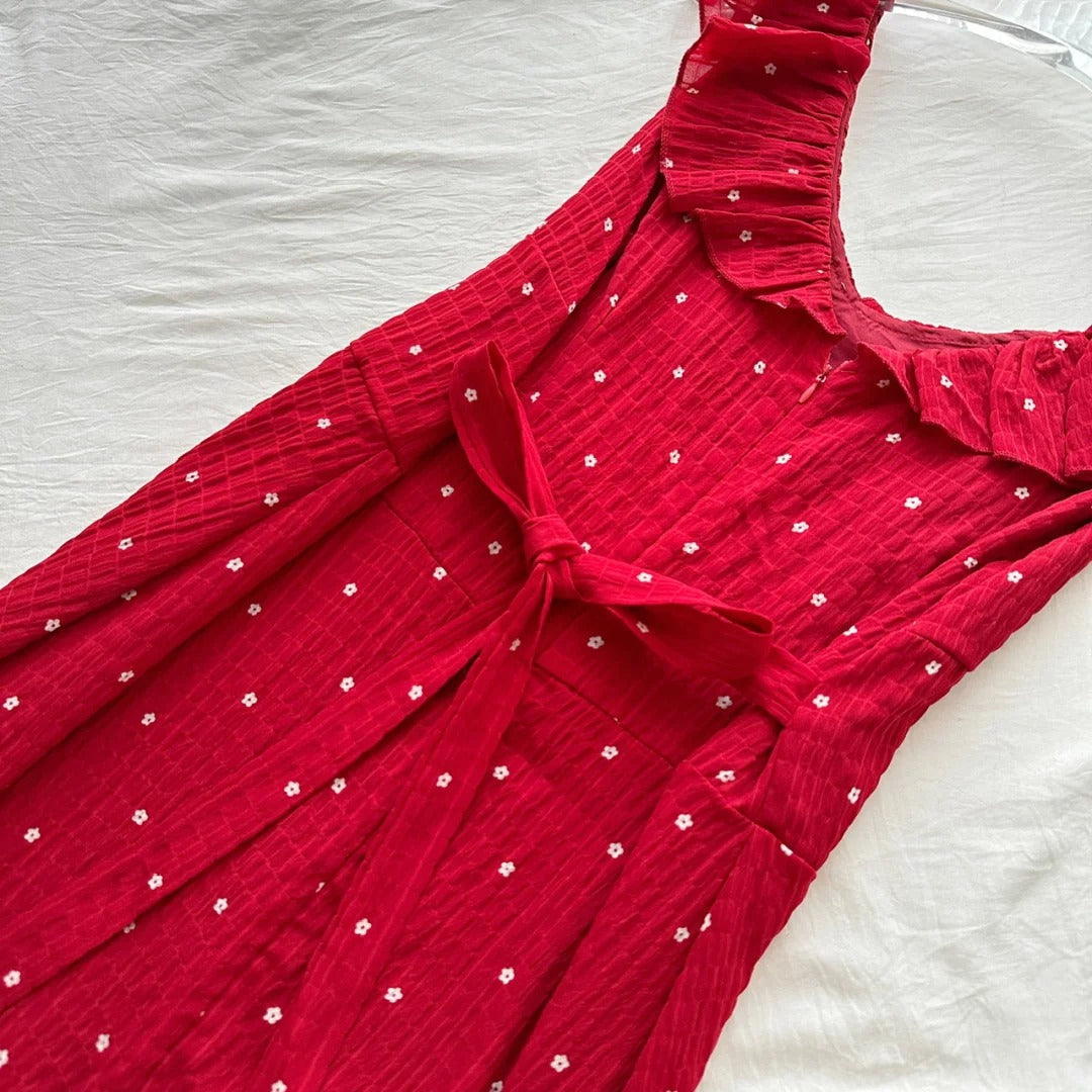 Sweet Red And White Polka Dot A-Line Ruffle Waist Long Formal Prom Dresses 17Th Birthday Dresses
