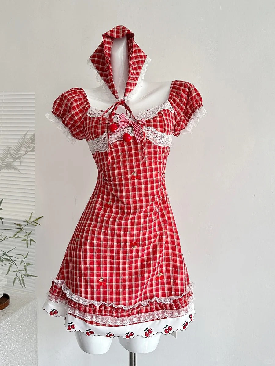 Sweet Retro Red And White Plaid Short-Sleeved Waist A-Line 15Th Birthday Homecoming Dresses