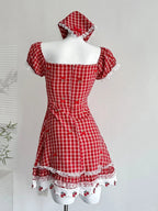 Sweet Retro Red And White Plaid Short-Sleeved Waist A-Line 15Th Birthday Homecoming Dresses