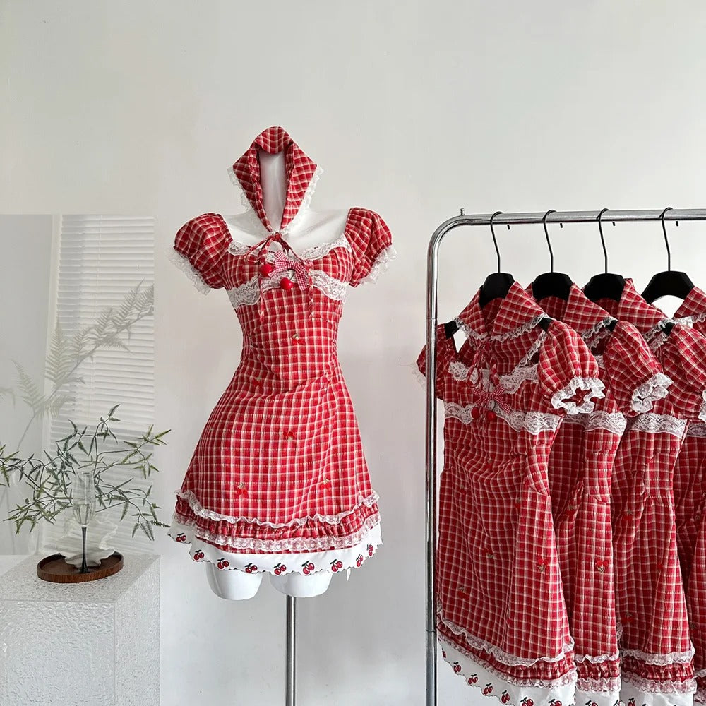 Sweet Retro Red And White Plaid Short-Sleeved Waist A-Line 15Th Birthday Homecoming Dresses