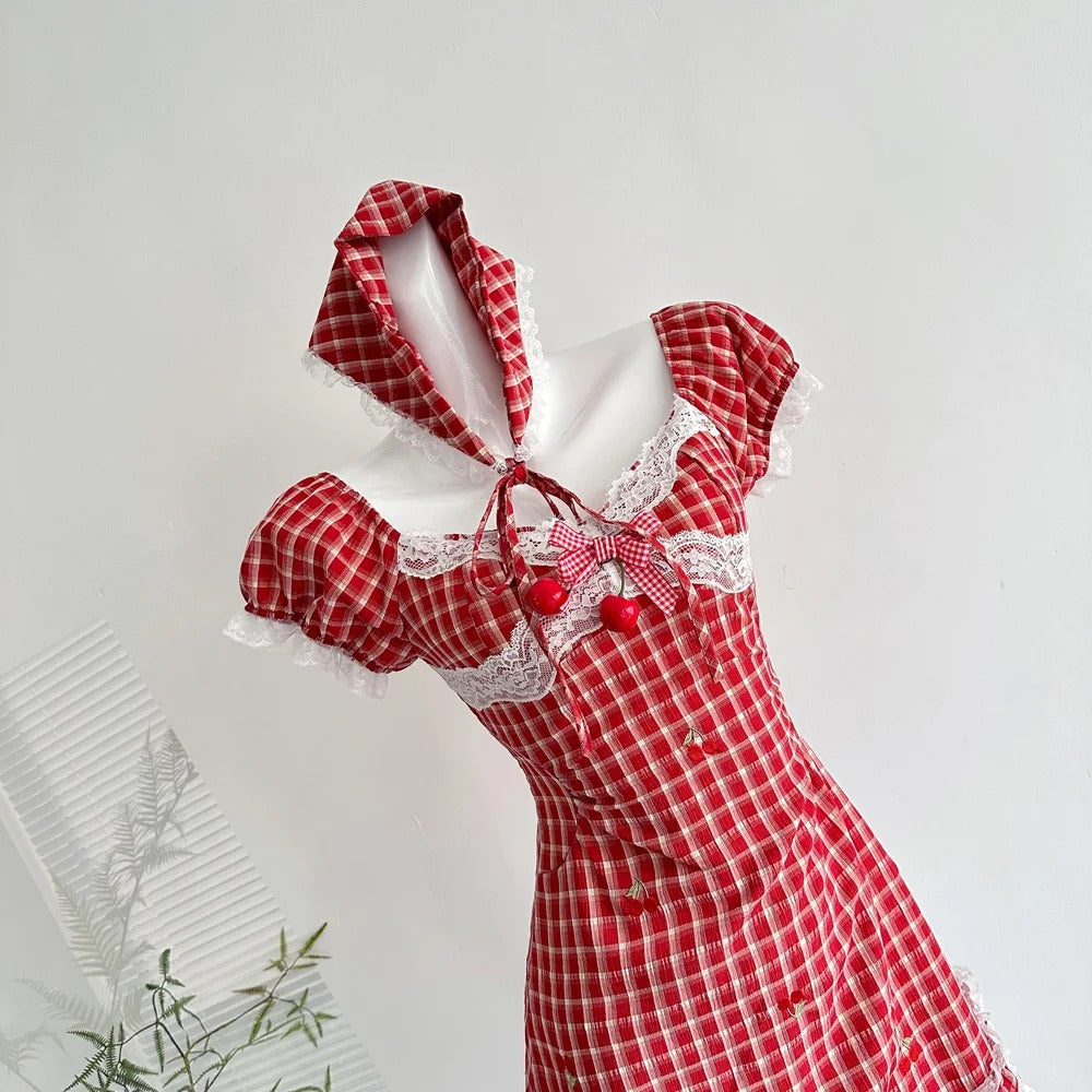 Sweet Retro Red And White Plaid Short-Sleeved Waist A-Line 15Th Birthday Homecoming Dresses