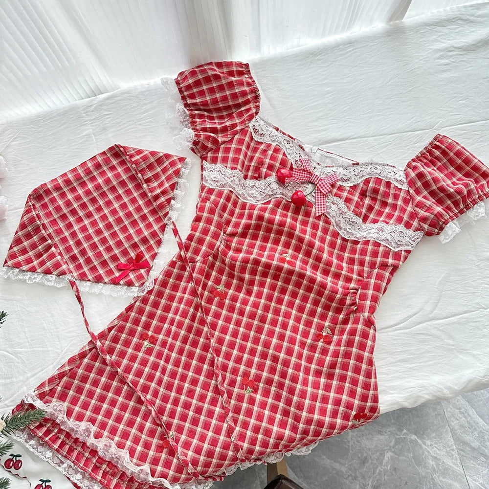 Sweet Retro Red And White Plaid Short-Sleeved Waist A-Line 15Th Birthday Homecoming Dresses