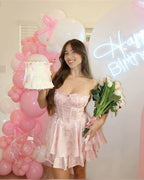 Sweet Satin Tube Top Herringbone Pink Dark Pattern A-Line 17Th Birthday Homecoming Dresses