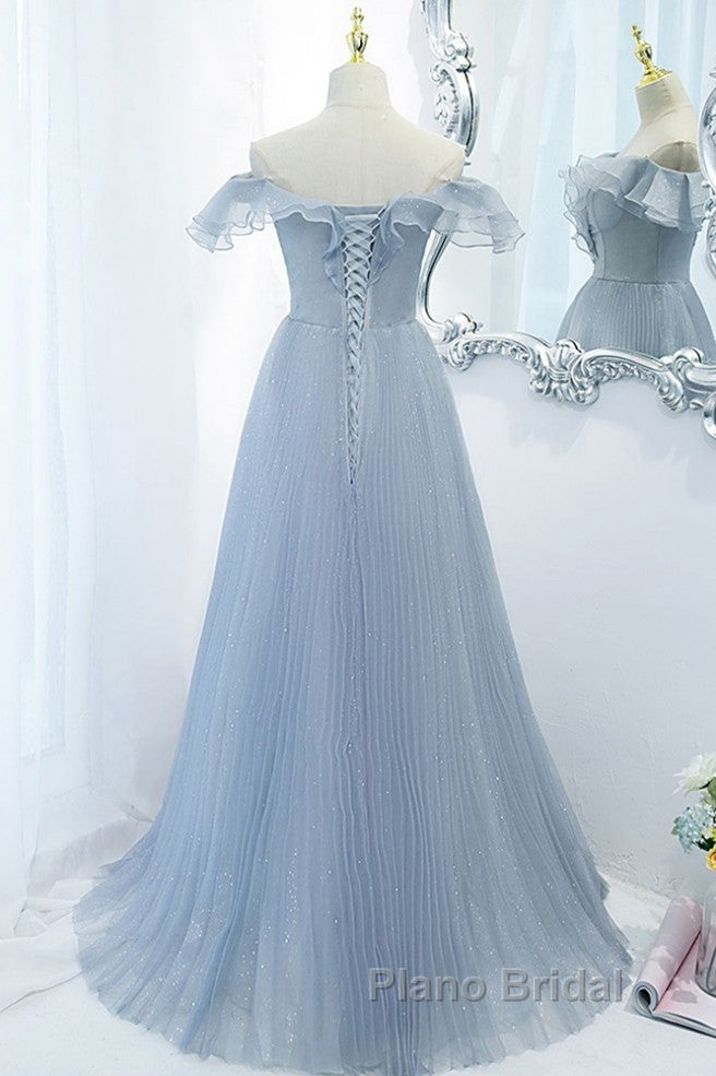 Sweet Sky Blue Sparkling Pleated Short Sleeved Off Shoulder Ball Dresses Sky Blue A-Line Princess Backless Tie With Ruffle Edge And Floor Length Evening Dresses