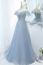 Sweet Sky Blue Sparkling Pleated Short Sleeved Off Shoulder Ball Dresses Sky Blue A-Line Princess Backless Tie With Ruffle Edge And Floor Length Evening Dresses