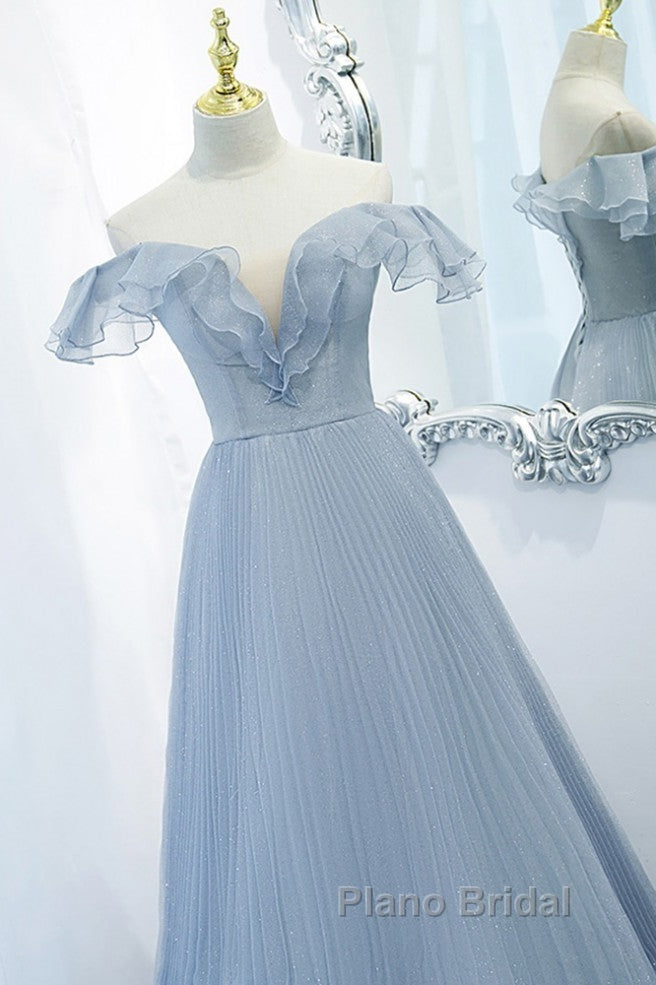 Sweet Sky Blue Sparkling Pleated Short Sleeved Off Shoulder Ball Dresses Sky Blue A-Line Princess Backless Tie With Ruffle Edge And Floor Length Evening Dresses