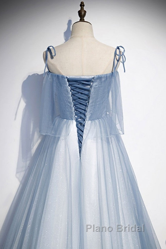 Sweet Sky Blue Thin Shoulder Strap Sleeveless Applique Lace Bead Dresses Dresses With Sky Blue A-Line Glittering Thin Gauze Open Back Strap Long Ruffle Edge Evening Dresses