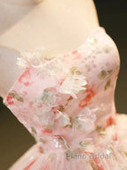 Sweet Strapless Tulle Flower Pink Print Formal Prom Dresses