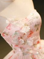 Sweet Strapless Tulle Flower Pink Print Formal Prom Dresses