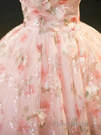 Sweet Strapless Tulle Flower Pink Print Formal Prom Dresses