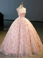 Sweet Strapless Tulle Flower Pink Print Formal Prom Dresses