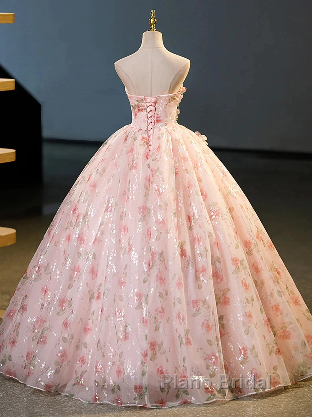 Sweet Strapless Tulle Flower Pink Print Formal Prom Dresses