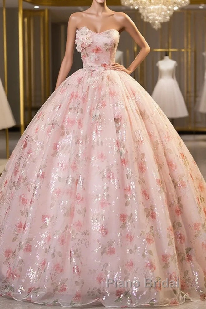 Sweet Strapless Tulle Flower Pink Print Formal Prom Dresses