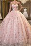 Sweet Strapless Tulle Flower Pink Print Formal Prom Dresses
