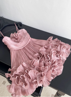 Sweet Suspender Pleated Three-Dimensional Flower Ruffle Pink Birthday Skirt Homecoming Dresses