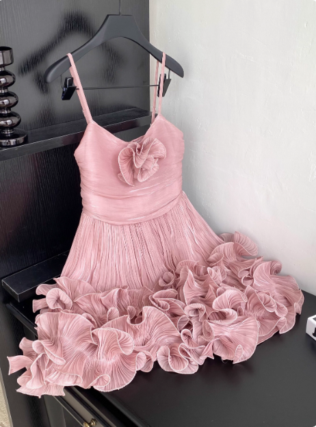 Sweet Suspender Pleated Three-Dimensional Flower Ruffle Pink Birthday Skirt Homecoming Dresses