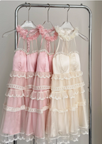Sweet Three-Dimensional Flower Halter Neck Strap Sleeveless Lace Splicing Mesh Cake Birthday Skirt Homecoming Dresses