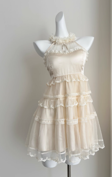 Sweet Three-Dimensional Flower Halter Neck Strap Sleeveless Lace Splicing Mesh Cake Birthday Skirt Homecoming Dresses
