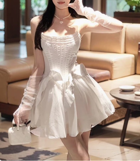 Sweet White Herringbone Tube Top Puff Birthday Dresses Homecoming Dresses
