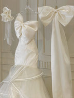 Sweet White Mermaid Bow Satin Tulle Wedding Dresses With Train