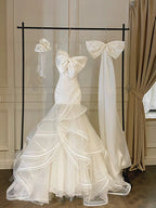 Sweet White Mermaid Bow Satin Tulle Wedding Dresses With Train