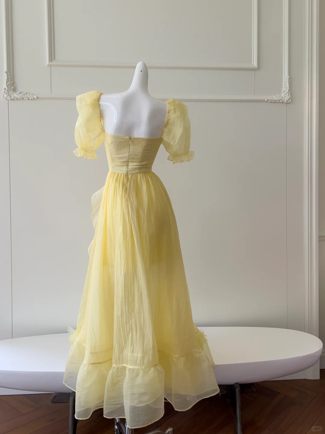 Sweet Yellow A-Line Square Neck Puff Sleeve Lace Tulle Long Formal Prom Dresses