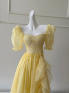 Sweet Yellow A-Line Square Neck Puff Sleeve Lace Tulle Long Formal Prom Dresses