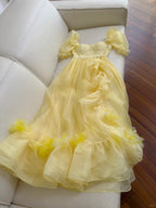 Sweet Yellow A-Line Square Neck Puff Sleeve Lace Tulle Long Formal Prom Dresses