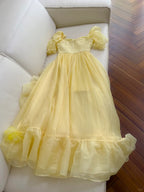Sweet Yellow A-Line Square Neck Puff Sleeve Lace Tulle Long Formal Prom Dresses