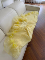 Sweet Yellow A-Line Square Neck Puff Sleeve Lace Tulle Long Formal Prom Dresses