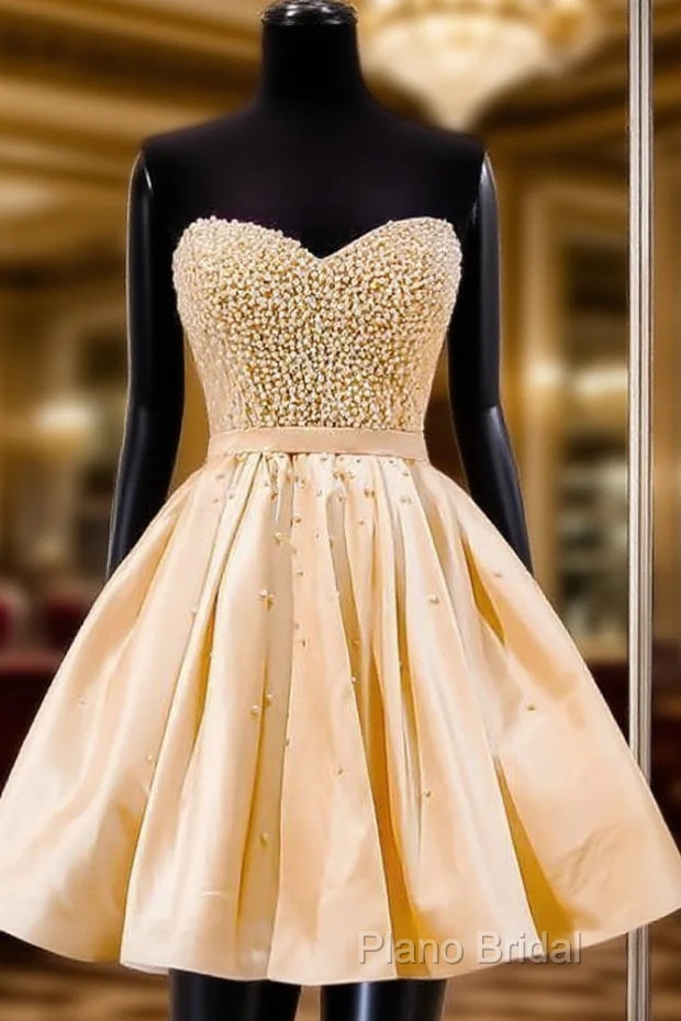 Sweetheart A-Line Knee Length Satin Homecoming Dresses With Beading Main image