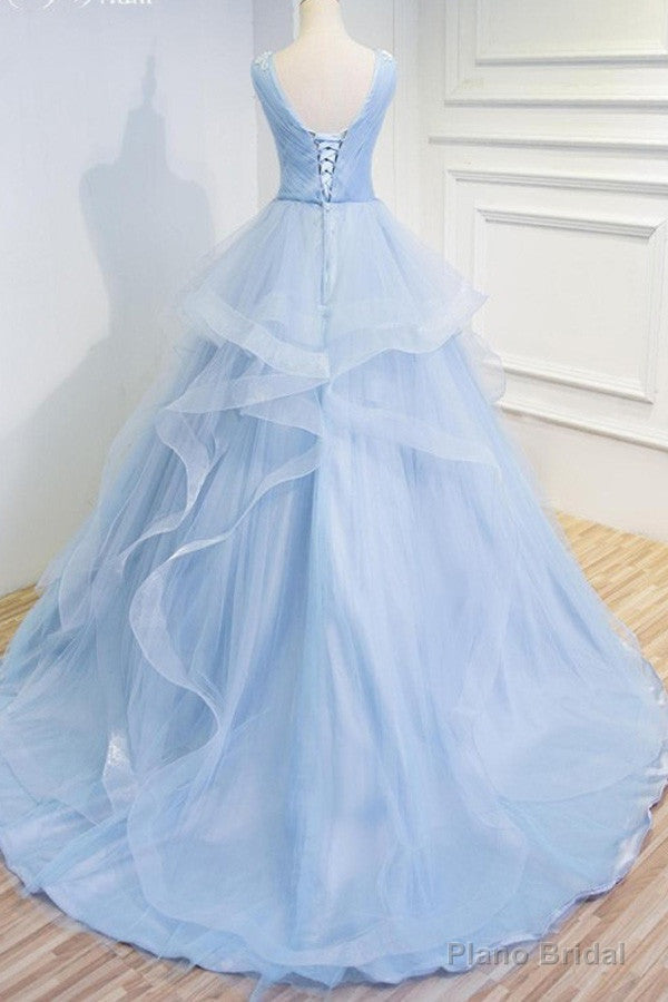 Sweetheart Baby Blue Organza V Neck Ruffles Appliques Prom Dresses Secondary image