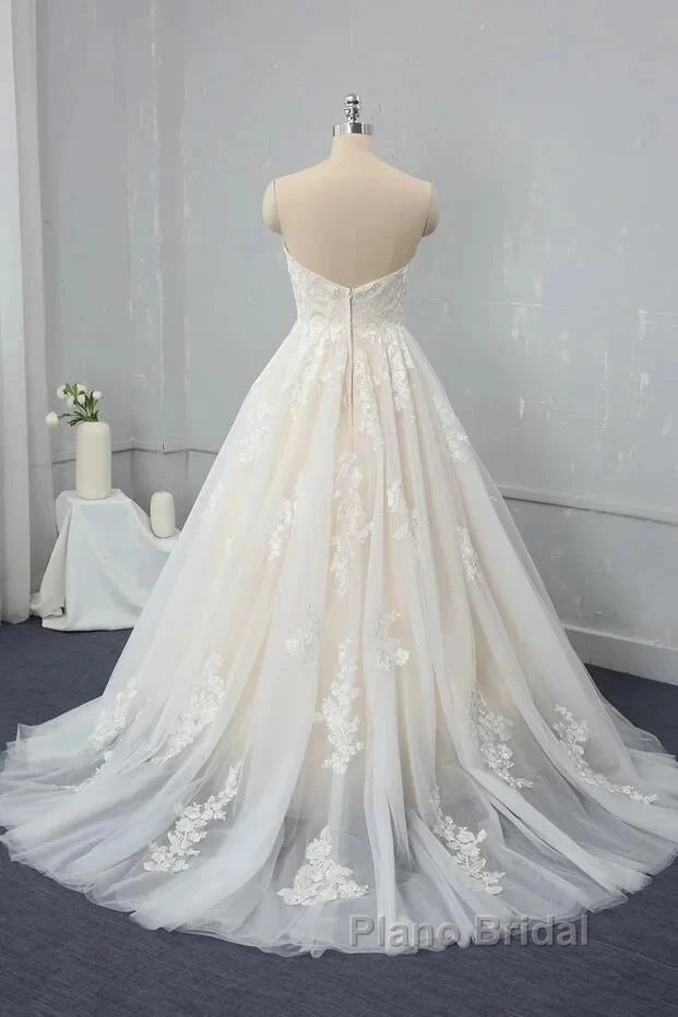 Sweetheart Backless Long Wedding Dresses Tulle With Lace Appliques