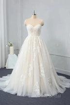 Sweetheart Backless Long Wedding Dresses Tulle With Lace Appliques