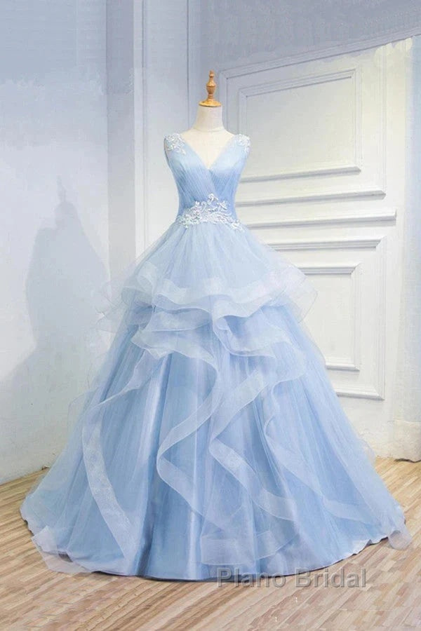 Sweetheart Blue Organza Ballgown V Neck Ruffles Appliques Formal Prom Dresses