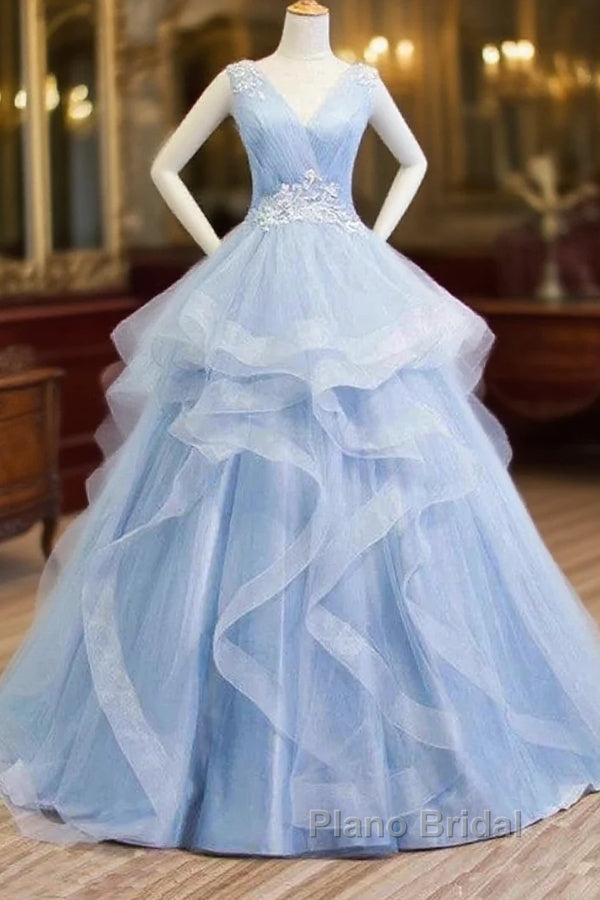 Sweetheart Blue Organza Ballgown V Neck Ruffles Appliques Formal Prom Dresses Main image