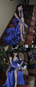 Sweetheart Blue Formal Prom Girls Dresses, Pleated Long Formal Prom Dresses With Side Slit