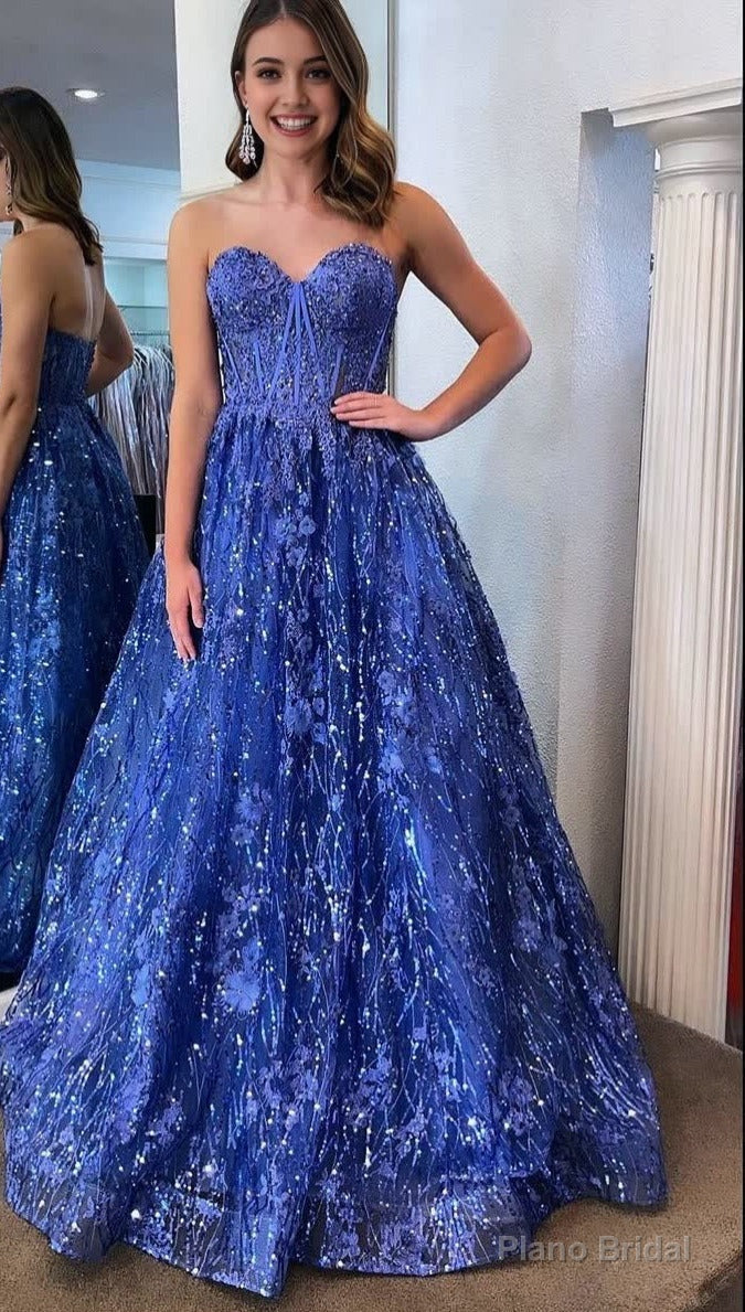 Sweetheart Blue Sequin Lace Corest Long Dresses