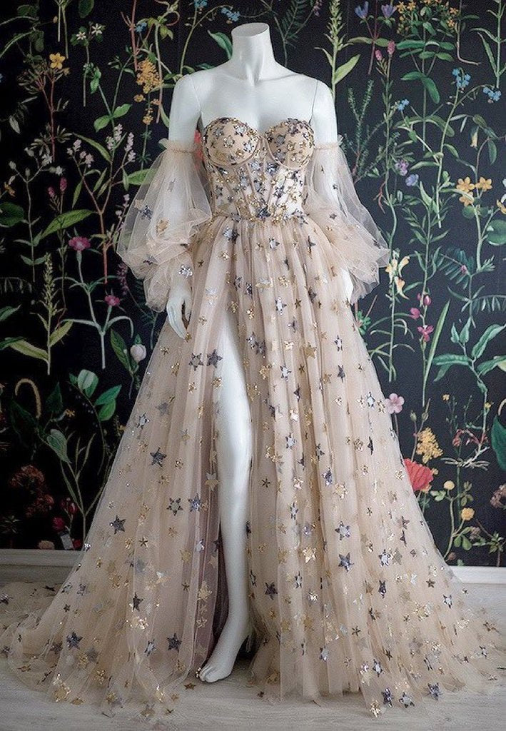 Sweetheart Champagne Tulle Bubble Sleeves Long A Line Formal Prom Dresses Beaded Formal Evening Dresses