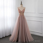 Sweetheart Crystal Prom Dresses Straps Spaghetti Tulle Evening Gown Split Side