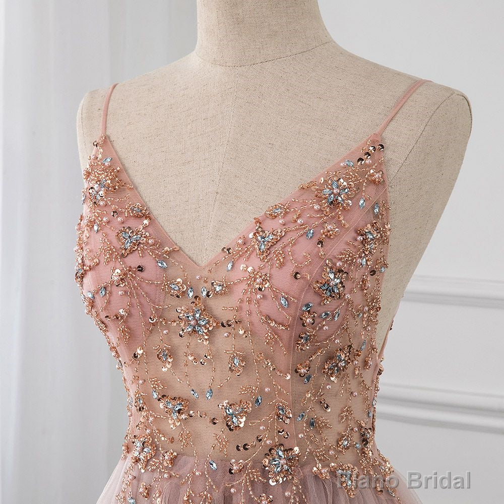 Sweetheart Crystal Prom Dresses Straps Spaghetti Tulle Evening Gown Split Side